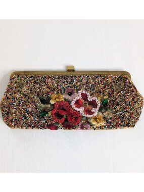 VTG Beaded Floral Soure Clasp Closure Clutch Top Closure Bag